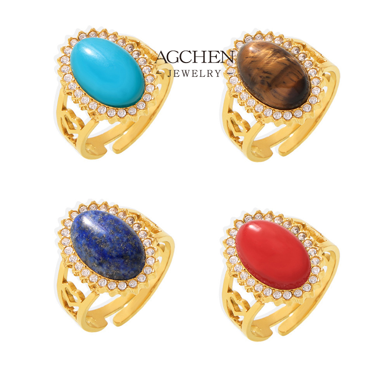 AGCHEN Stainless Steel Tiger Eye Lapis Lazuli Aquamarine Ring One Stop Supply Chain AGGS005