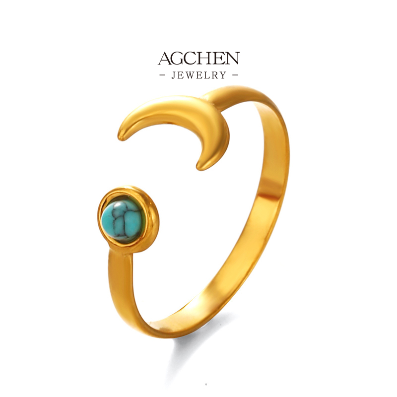 AGCHEN Stainless Steel Turquoise Moon Ring One Stop Supply Chain AGGS009
